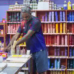 GX Outdoors Collaboration with Warlukurlangu Artist Michael Wayne for the Akuna Drinking Fountain Decorative Art Panel for Public Spaces