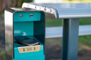 GX Outdoors Charge N Chill outdoor charging station in urban park