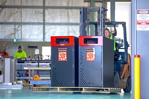 Warehouse, Forklift, and Bins