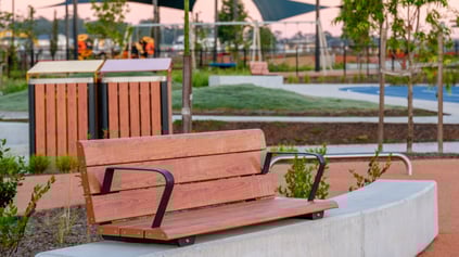 GX Outdoors TimberImage durable aluminium park furniture including bins and seating with timber-look finish for low-maintenance public spaces