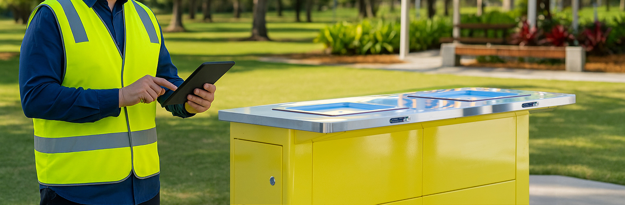 Person in a high-visibility vest using a tablet near a smart outdoor waste and recycling station in a park setting, highlighting GX Outdoors' innovative technology solutions for public spaces.